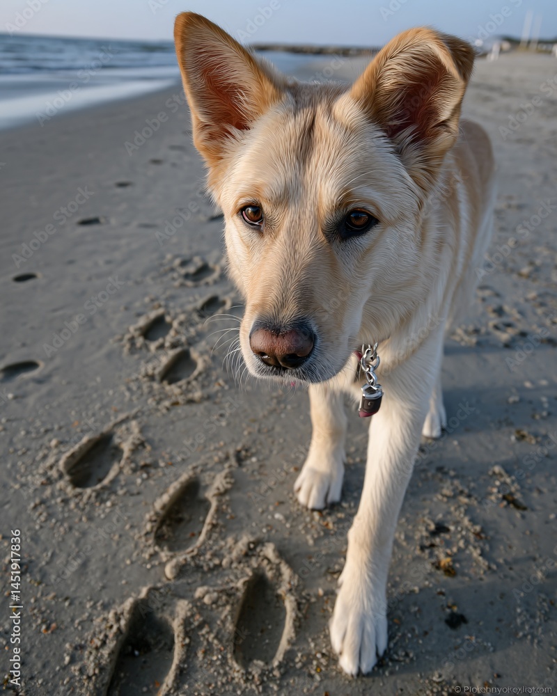 Playful Dog Walking on Sandy Beach with Ocean Waves in the Background on a Sunny Day