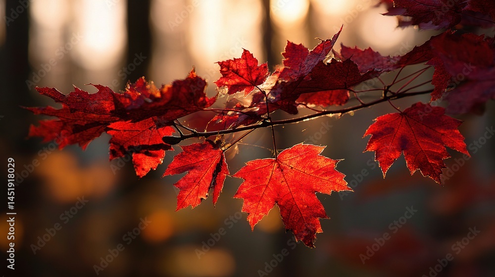 Glowing Red Maple Leaves Backlit by Soft Light in Autumn Forest