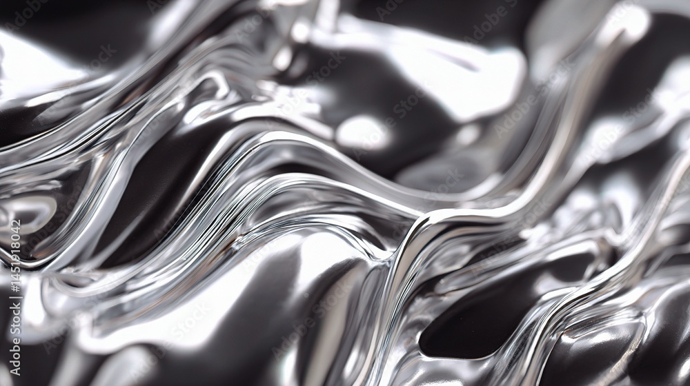 Reflective Silver Liquid Waves with Abstract Rippling Texture