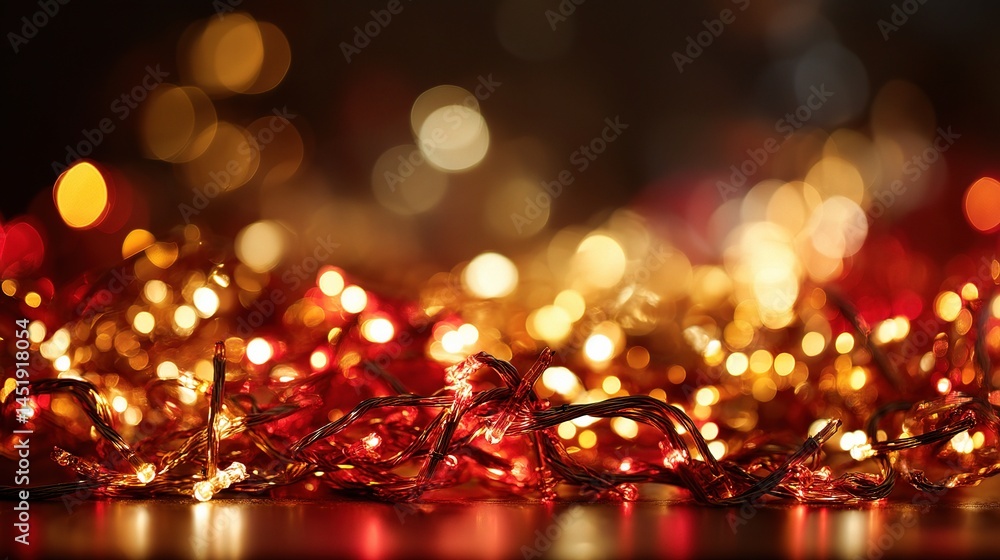 Glowing Red and Gold Christmas Lights with Bokeh Effect