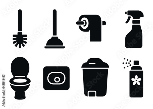 Bathroom cleaning solid icons set – essential, hygiene, sanitation symbols