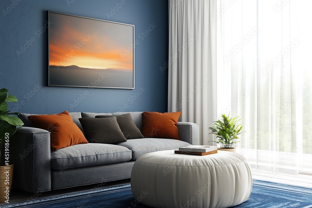 Fototapeta premium A modern living room with blue walls, white curtains on the large window, grey sofa and an oversized plush beige ottoman as coffee table. The space is well-lit by natural light from sheer curtains. 