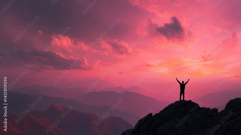 Man Hiking with Arms Raised on Mountain Ridge During Sunset