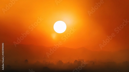 Obraz na płótnie Intense Orange Sky with Blinding Sun and Atmospheric Haze w salonie