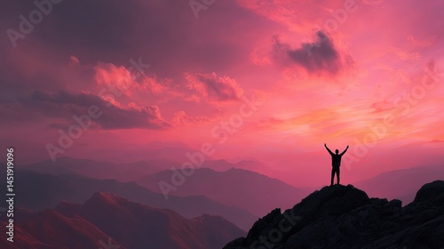 Man Hiking with Arms Raised on Mountain Ridge During Sunset