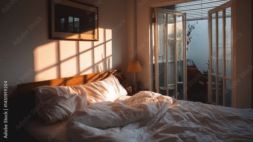 Cozy Bedroom Interior with Sunlight Streaming Through Window