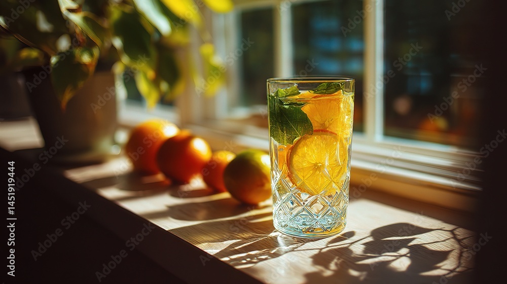 Glass of Citrus Infused Water on Sunny Windowsill