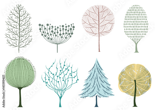 Vector Artistic Style Trees Illustration Set Isolated On A White Background. 