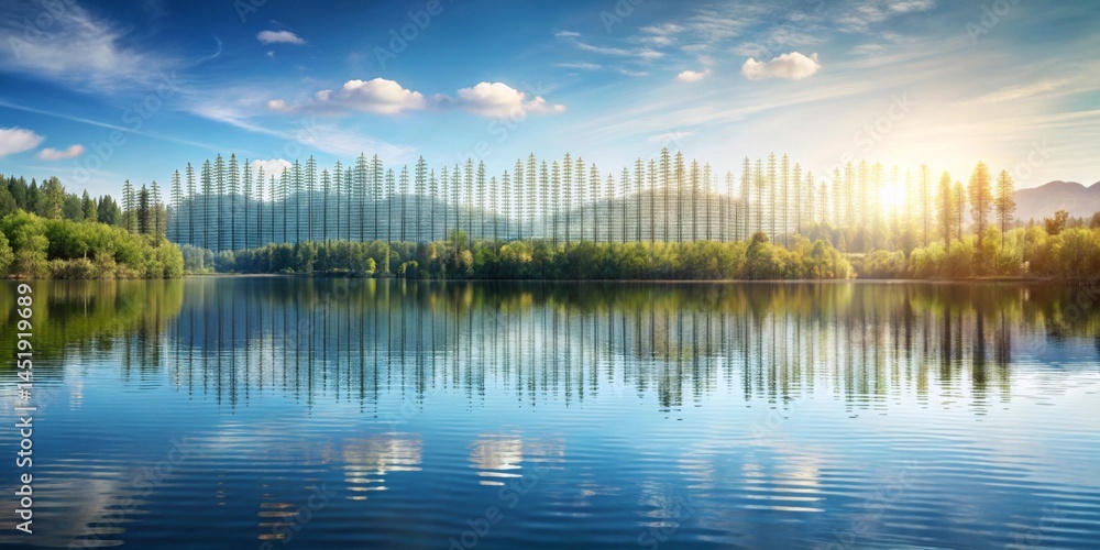 Obraz premium Serene Lake Reflecting a Majestic Stand of Evergreen Trees Under a Brilliant Sky