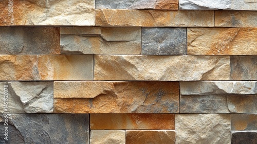 Textured stone wall cladding in various shades of brown, beige, and gray.
