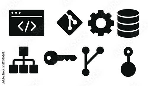 Software development solid icons set – coding, tech tools, programming symbols