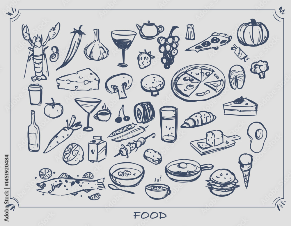 Fototapeta premium Food set doodle, vector hand drawn illustrations