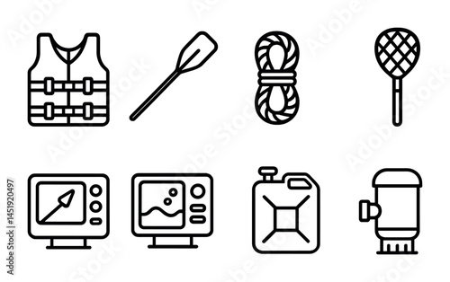 Water sports outline icons set – silhouette, equipment, aquatic activity symbols