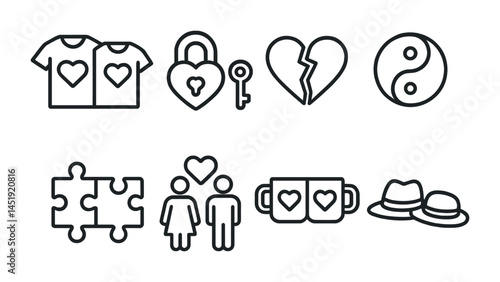 Romance and love outline icons set – linear, vector, relationship symbols