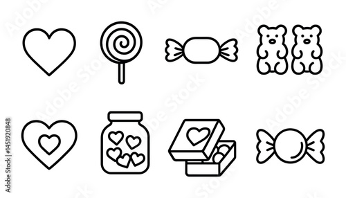 Sweet and candy outline icons set – linear, treats, confectionery symbols