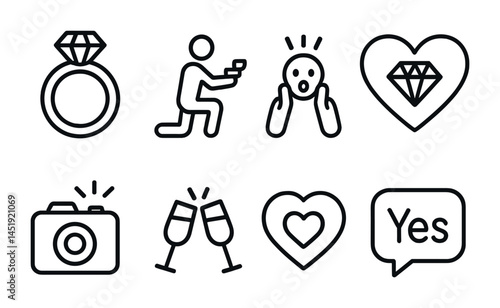 Wedding engagement outline icons set – love, celebration, marriage symbols