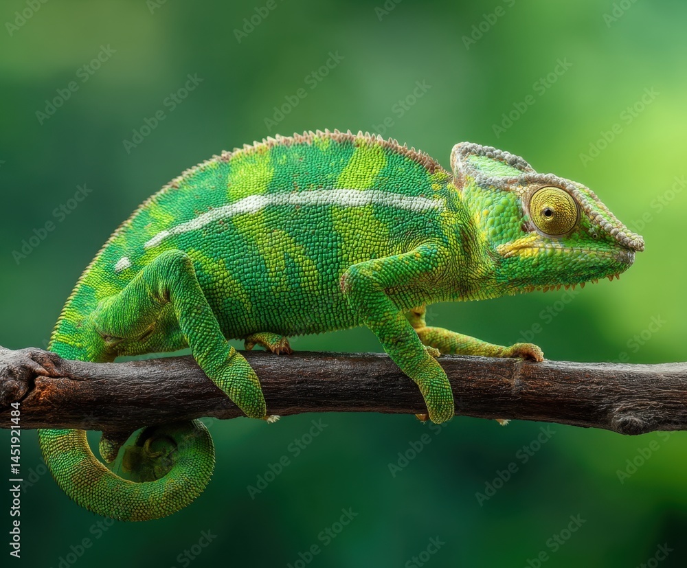 Fototapeta premium A Furcifer oustaleti chameleon sits on a branch in a forest habitat.