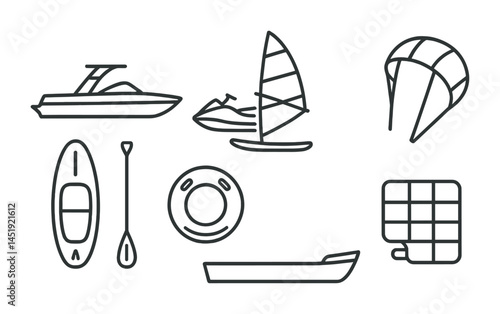 Water sports outline icons set – nautical, adventure, and marine activity graphics