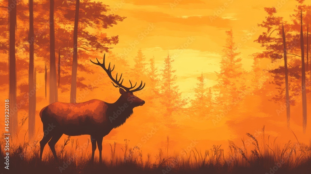An illustration of a majestic deer set against a fiery sunset background. An illustration of a majestic deer set against a fiery sunset background.