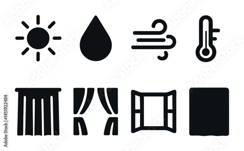 Weather and home solid icons set – filled, climate, temperature symbols