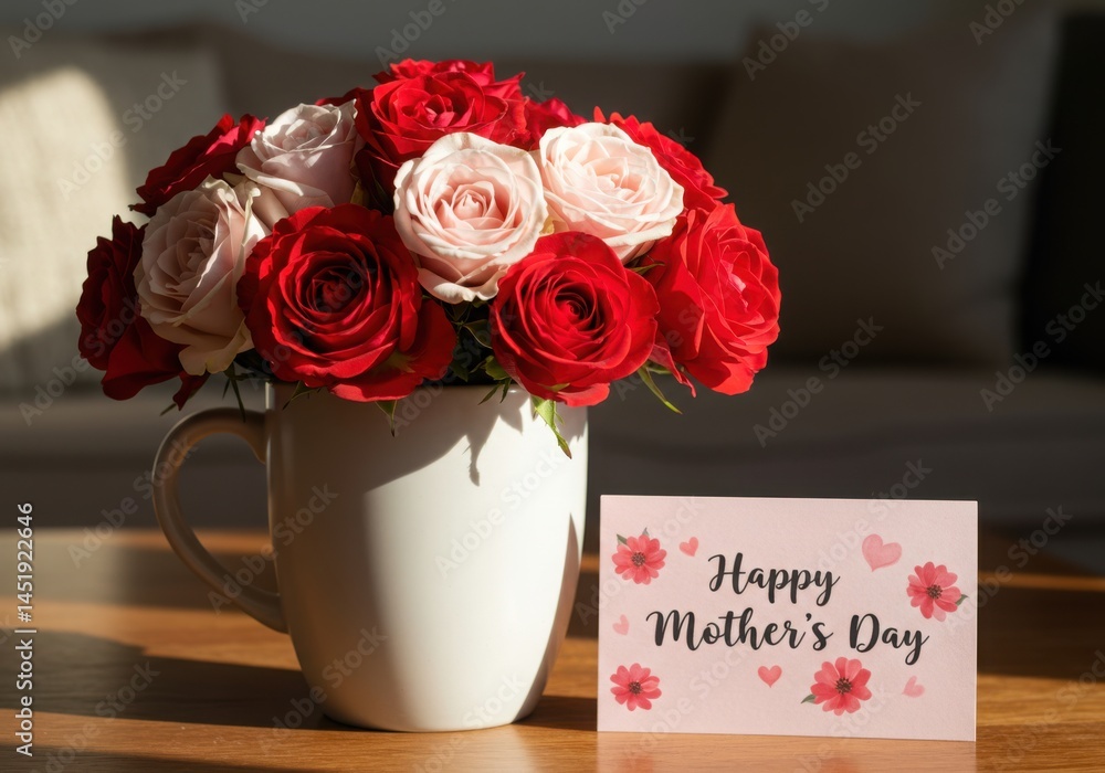 Roses in mug with mother's day card on the table Roses in mug with mother's day card on the table