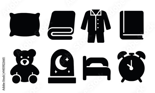 Bedtime and sleep solid icons set – filled, night, relaxation symbols for design