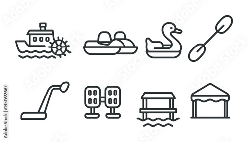 Water recreation outline icons set – aquatic sports, boating, leisure symbols