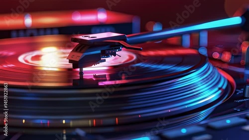 Close-up of a vinyl record player with vibrant red and blue neon lighting