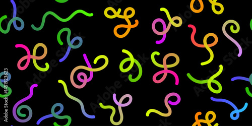 Vector Neon Colorful Line Shapes with Gradient. Abstract Seamless Wavy Pattern on Black Background. 3D Rainbow Color Seamless Waves Graphic Worm. Colored Dynamic Squiggles, Swirls and Spiral Loop Ribb