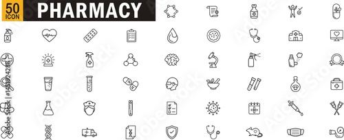 Pharmacy editable outline icon set. Medicine, healthcare, drugs, safety, research, wellness and more.