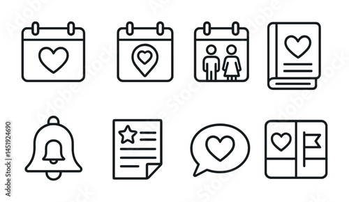 Event and wedding outline icons set – linear, love, romantic planning symbols