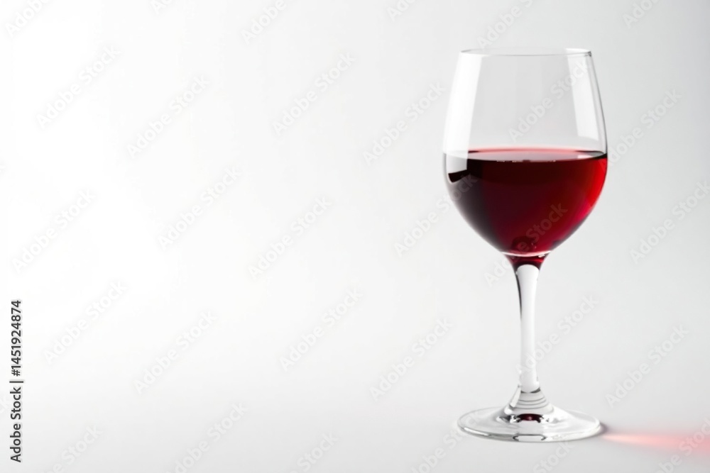 Single elegant red wine glass on white, reflection visible , product photography, food and drink, close up Single elegant red wine glass on white, reflection visible , product photography, food and drink, close up