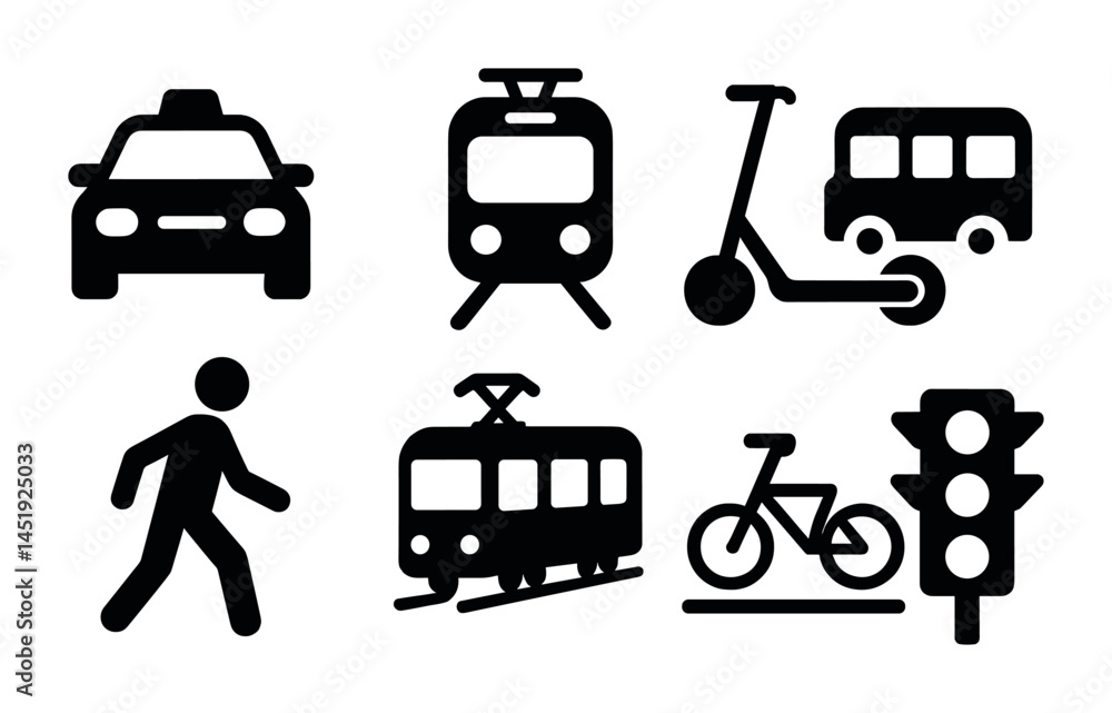 Transportation and travel silhouette icons set – simple, solid, vehicle and transit symbols Transportation and travel silhouette icons set – simple, solid, vehicle and transit symbols