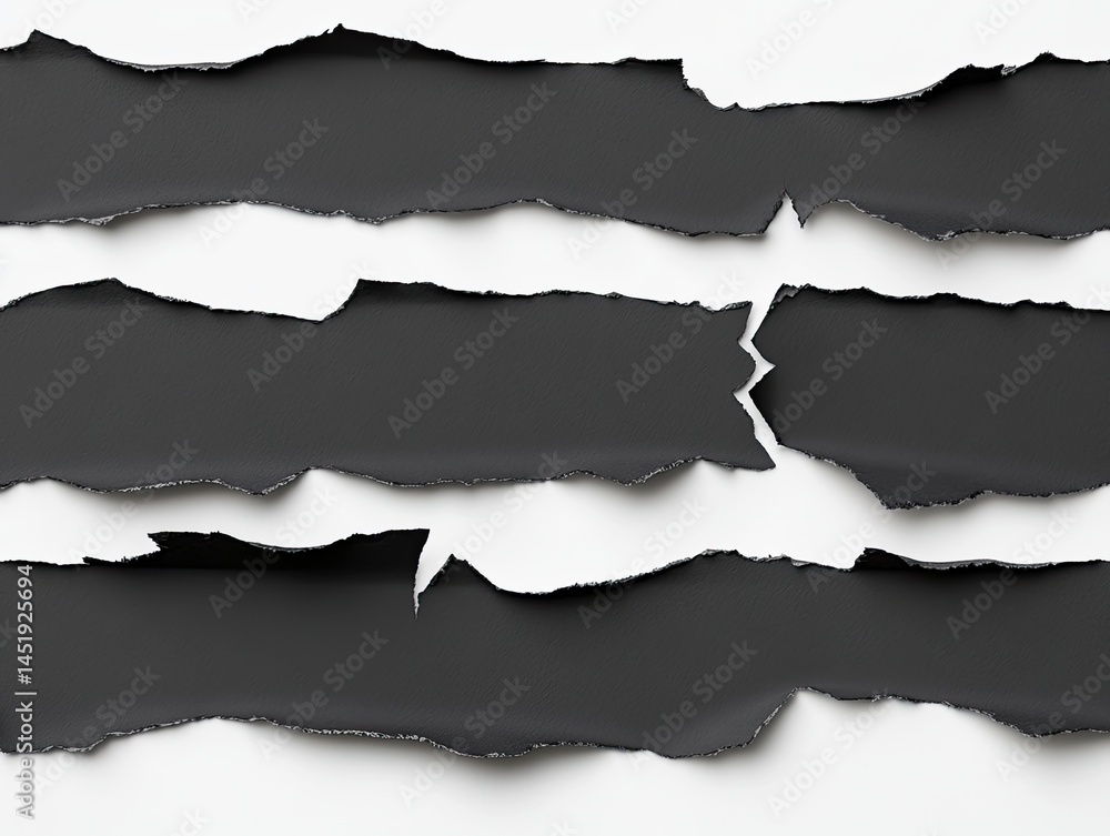 Torn Black Paper Strips on White Background: Abstract Texture and Design Element for Mockups and Layouts Torn Black Paper Strips on White Background: Abstract Texture and Design Element for Mockups and Layouts