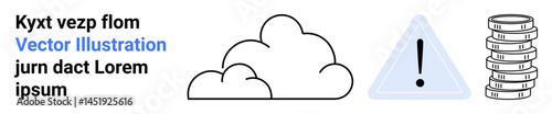 Cloud icon, warning triangle with exclamation point, and coin stack. Ideal for cloud computing, digital security, data protection, finance, online services, caution messages simple landing page