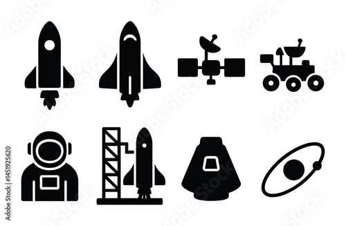Space exploration solid icons set – filled, silhouette, cosmic and astronaut symbols