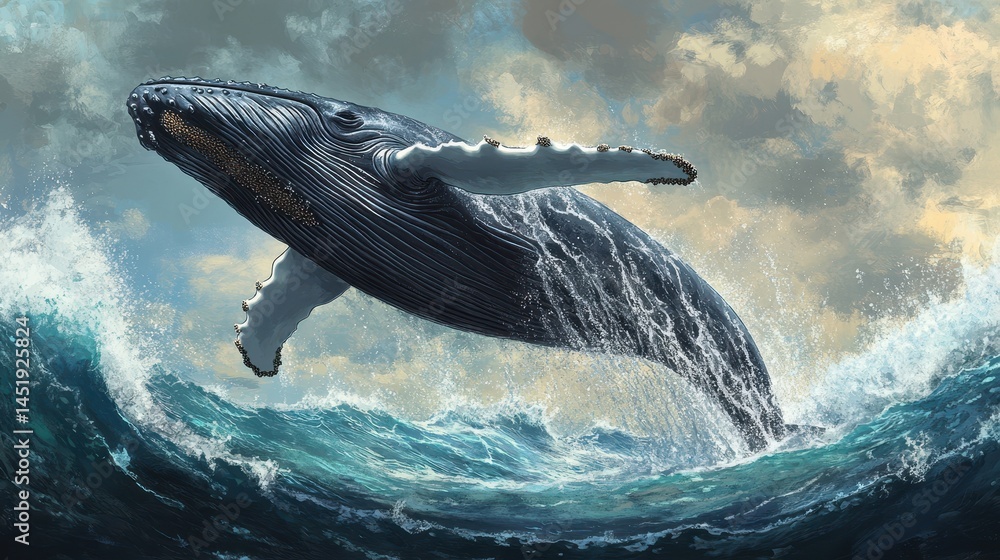 Fototapeta premium An illustration of a powerful humpback whale leaping majestically from the ocean waves, with water splashing around its massive body.