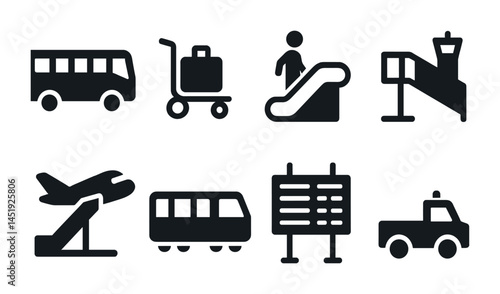 Travel and airfare solid icons set – transportation, vacation, journey symbols