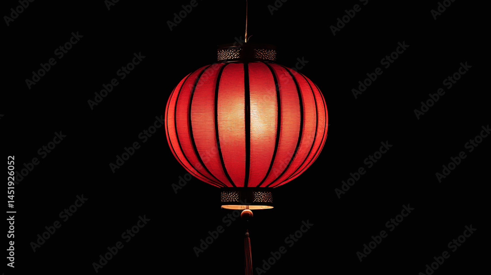 Obraz premium Good cheer red Chinese lantern in the night. Good fortune chinese new year festival season. Tassel trim red prosperity lunar new year lantern outline. Lantern china chinese street at night