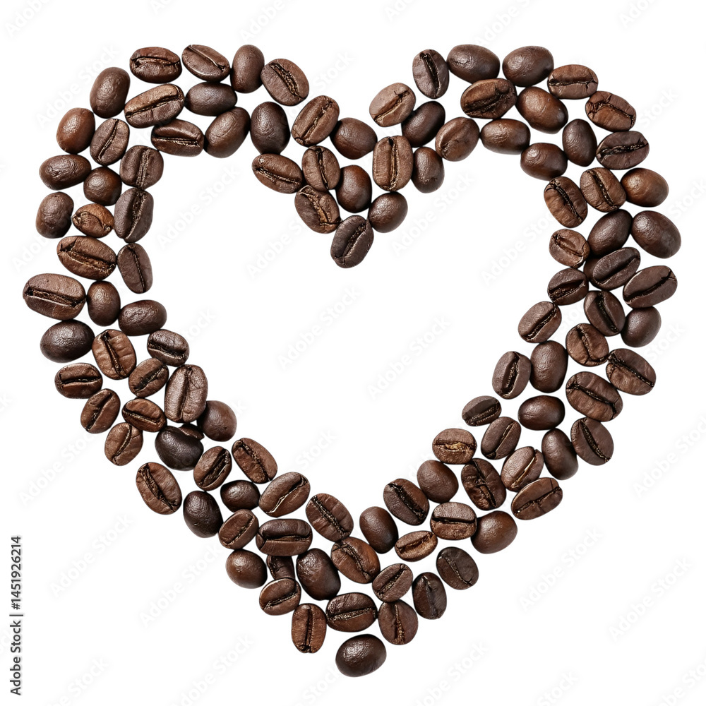 heart shape made from roasted coffee beans, arranged neatly and isolated on a white or transparent background. heart shape made from roasted coffee beans, arranged neatly and isolated on a white or transparent background.
