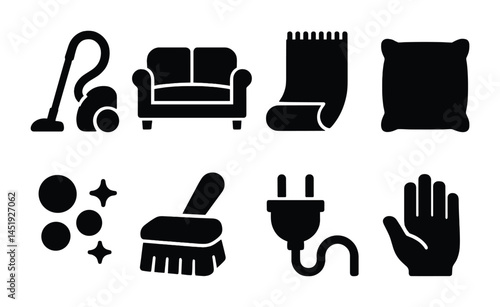 Home cleaning solid icons set – hygiene, chores and tidy up essentials