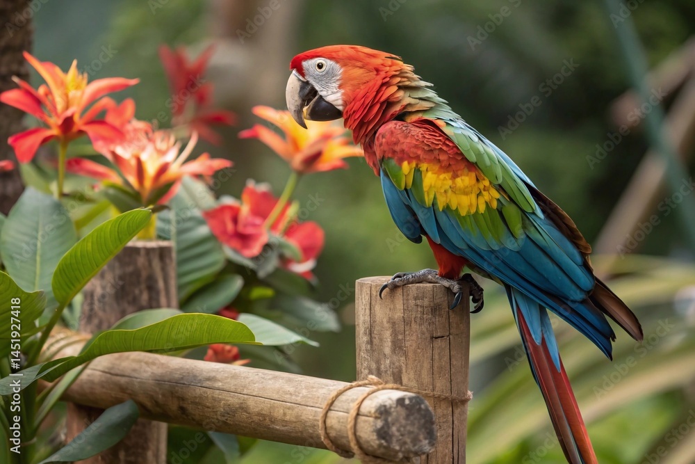Obraz premium A small macaw parrot with bright colorful feathers sitting on a wooden perch against a background of tropical flowers.