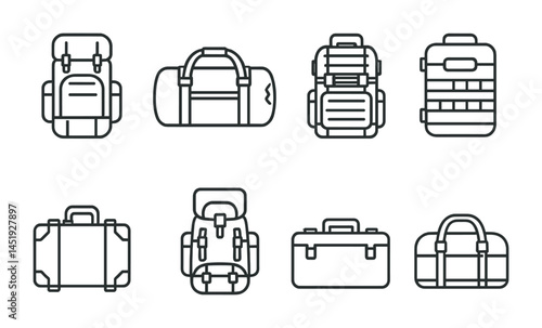 Travel and luggage outline icons set – flat, linear, baggage and suitcase symbols