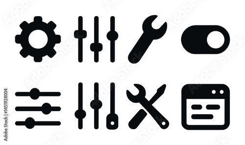 Settings and tools silhouette icons set – solid, edit, configuration symbols