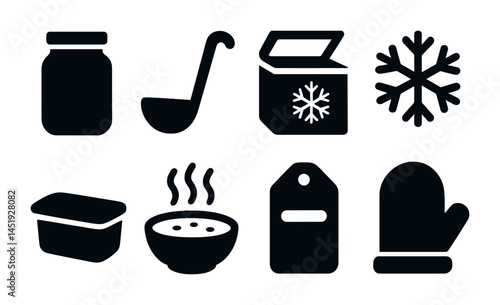 Winter and kitchen solid icons set – flat, filled, cooking and storage symbols
