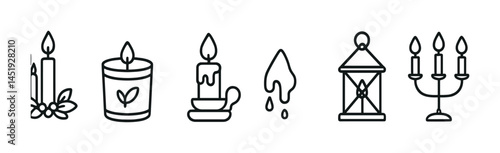 Candle and lantern outline icons set – minimalist, linear, home decor symbols