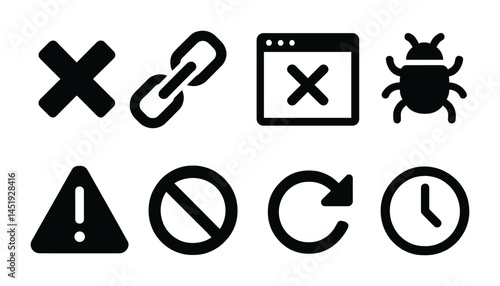 Error and alert solid icons set – warning symbols, filled, troubleshooting tools