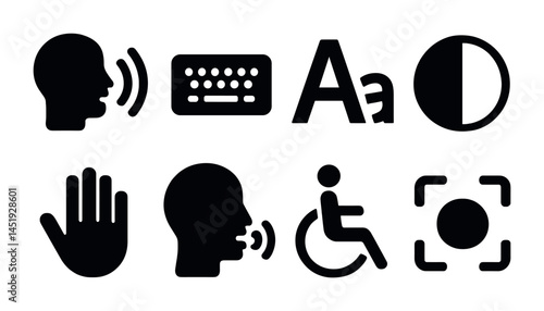 Accessibility solid icons set – disability, assistive, functional symbols