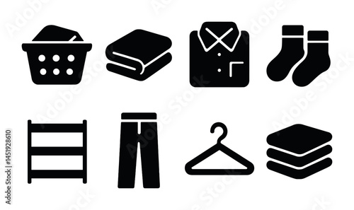 Laundry and clothing solid icons set – flat, filled, wash and garment symbols