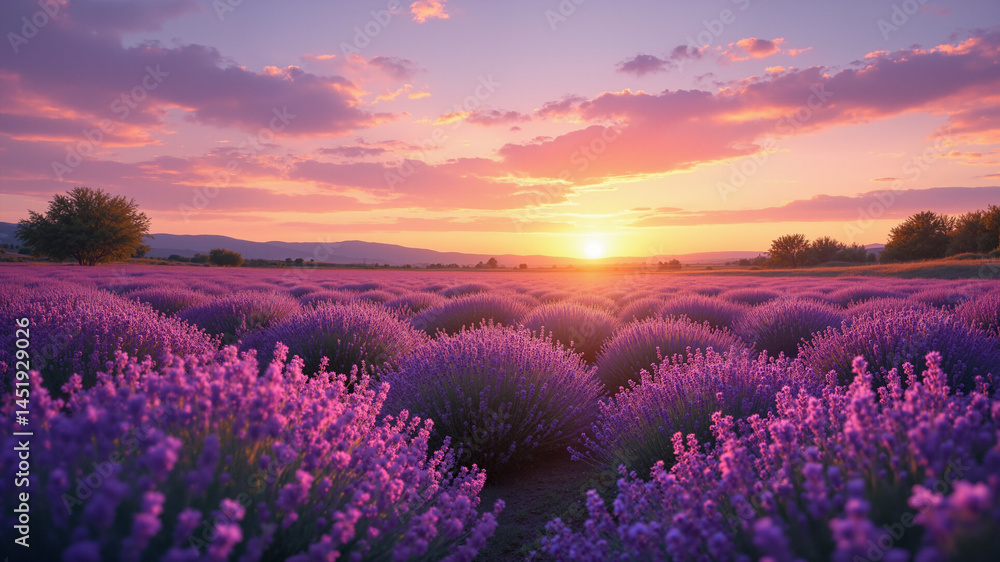 Fototapeta premium The image shows a stunning lavender field at sunset